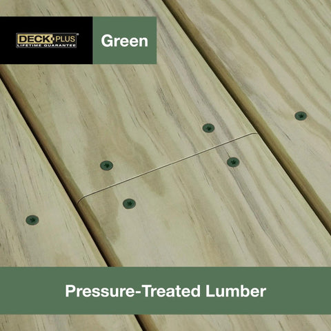 3-1/2 Inch Epoxy Coated Exterior Wood And Fence Screws installed in pressure-treated decking, green color