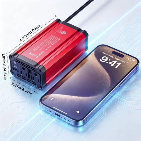 Keep Your Road Trips Lit With This Hella Reliable 300W Car Power Inverter alongside a smartphone, showcasing dual AC outlets and USB ports.