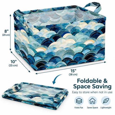 Heavy Duty Collapsible Polyester Storage Basket And Foldable Home Organization Bin For Living Room Bedroom Closets Nifty Space Saving Tote with wave pattern, 15" x 10" x 8".