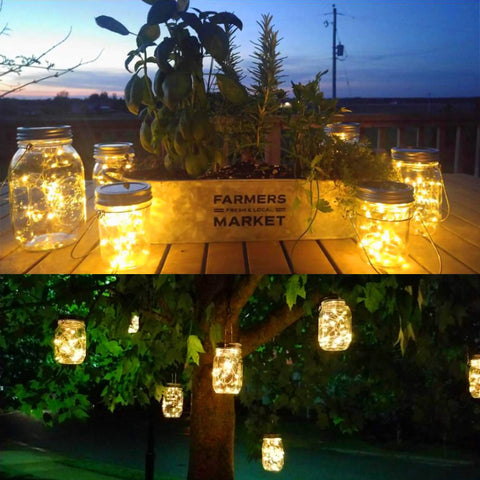 Solar jar lights with Fairy Star Firefly LED strings illuminating outdoor garden setup, no jars needed, eight hangers included