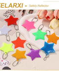 Colorful star-shaped reflective safety pendant keychains with chains, including Lake Blue, perfect for visibility and everyday carry.