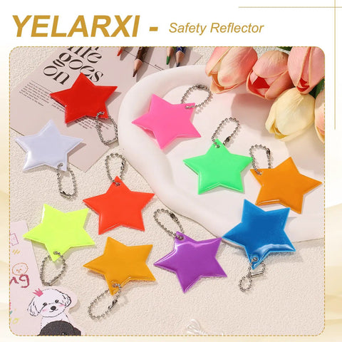 Colorful star-shaped reflective safety pendant keychains with chains, including Lake Blue, perfect for visibility and everyday carry.