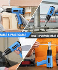 Collage of 1800W Heat Gun Kit With Dual Temp 572F And 1112F in use for stripping paint, PVC shrinking, and crafts with 4 nozzles.
