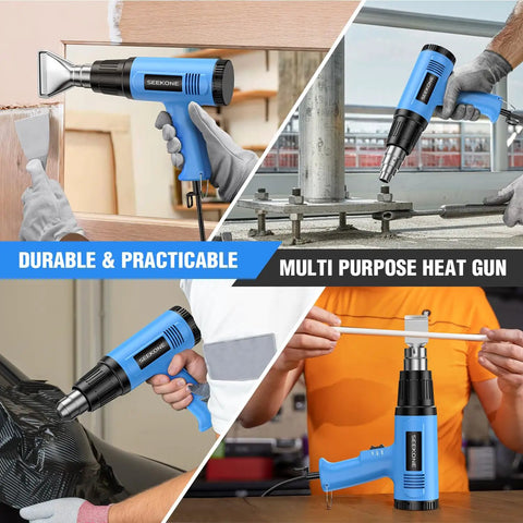 Collage of 1800W Heat Gun Kit With Dual Temp 572F And 1112F in use for stripping paint, PVC shrinking, and crafts with 4 nozzles.