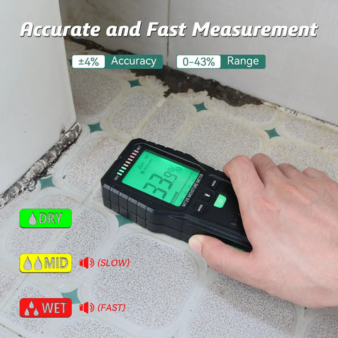 Pinless Moisture Meter For Walls And Wood Non Invasive Water Leak Detector Deep Sweep Surveyor Device measuring moisture on tile.