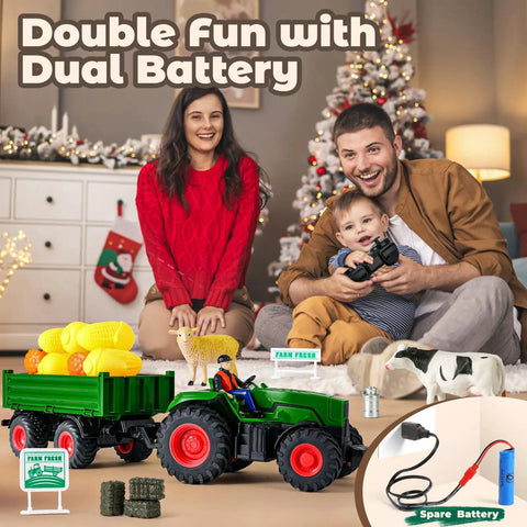Family playing with Remote Control Tractor Toy Set With Dump Trailer LED Lights Dual Rechargeable Batteries 2 4 GHz Controller