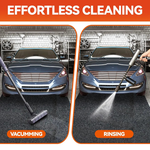36 By 59 Inch Heavy Duty Oil Spill Mat under car shown with vacuum and water hose for cleaning demonstration