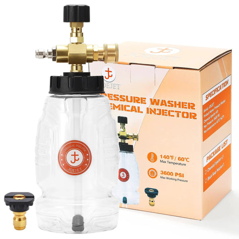 Chemical Injector For Pressure Washer With Bottle, Adjustable Soap Injector, 3600 PSI Compatible, next to product box