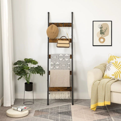 Killer 5-Tier Blanket Ladder With Heavy Duty Hooks, Wall-Leaning Towel Rack For Living Room And Bedroom, Rustic Industrial Decor Organizer For Scarves And Blankets, Total Home Game Changer with layered blankets and accessories.
