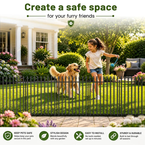 No Dig Decorative Garden Fence Kit With 10 Panels Heavy Duty Rustproof Metal Outdoor Dog Barrier set up in a yard