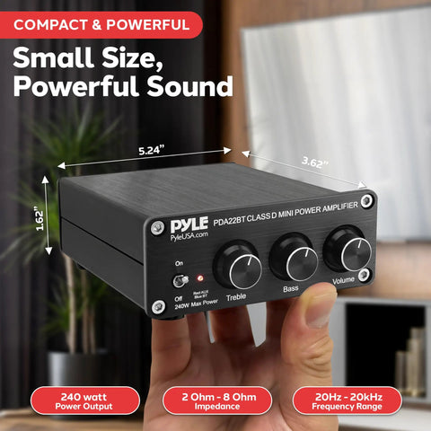 240W Mini Bluetooth Home Stereo Amplifier With 2 Channel Output, Compact Micro Receiver in hand, featuring control knobs.