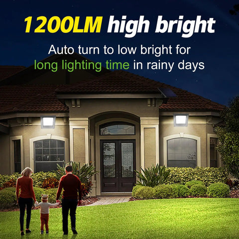 Front view of house with Outdoor Solar Flood Light 6500K Cool White Dope Bright Light illuminating entrance at night