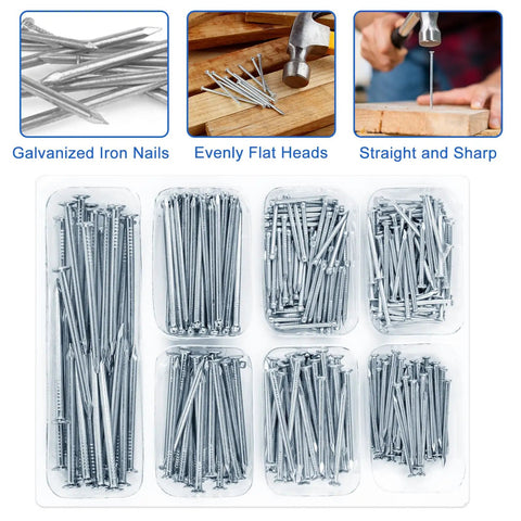 400 Piece Hardware Nails Kit For Picture Hanging Galvanized Nails In Seven Size Ranges shown in transparent organizer box