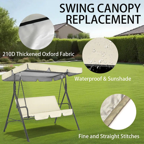 Beige Outdoor Swing Canopy Replacement Cover For Two Thirds Seat Patio Porch Chair Waterproof Sun Shade With Tear Resistant 210D Oxford Fabric And Silver Coated Lining, displayed with fabric details and outdoor setting