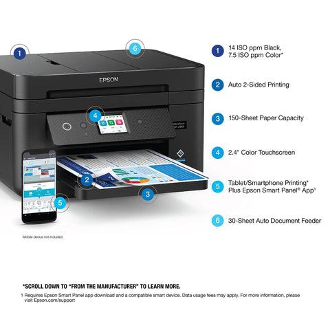Go To All In One Wireless Printer For Home Office With Scan Copy Fax Auto Document Feeder And Auto Two Sided Printing Two Point Four Inch Touchscreen Display 150 Sheet Tray And Ethernet Black shown on desk