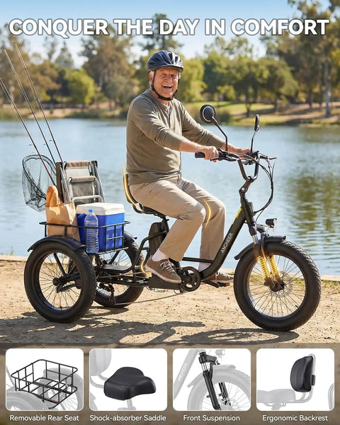 Two Seater Electric Tricycle For Adults With Peak 1500W Power Fat Tire Twenty Inch By Four Inch 48V 18Ah Battery Three Amp Charger Top Speed 15 MPH UL2849 Certified Long Range Up To 65 Miles Front Parking Brake Basket Differential, rider by lake