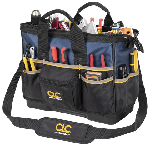 16 Inch Molded Base BigMouth Tote Tool Bag For Pros with open frame, heavy duty 1680D ballistic polyester with tools