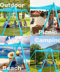Collage of Beach Canopy Tent 11 By 11 Ft With 6 Sandbags at outdoor settings: beach, picnic, and camping scenes with people.