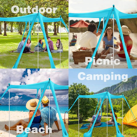 Collage of Beach Canopy Tent 11 By 11 Ft With 6 Sandbags at outdoor settings: beach, picnic, and camping scenes with people.