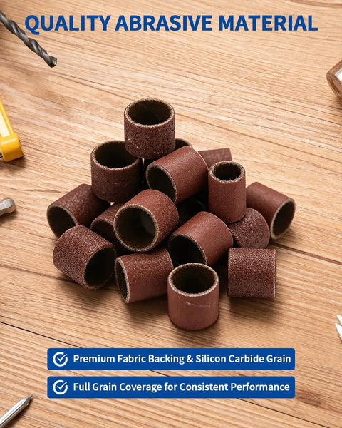 Big 935 Piece Sanding Drum Set Kit With 900 Aluminum Oxide Sleeves on wooden surface, emphasizing quality abrasive material.