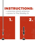 Installation instructions for MINI Cooper Stubby Jr Antenna 2 Inch Short Antenna Replacement, showing unscrew and screw steps.