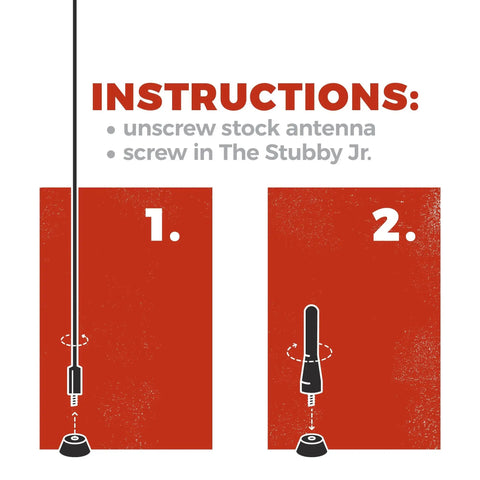 Installation instructions for MINI Cooper Stubby Jr Antenna 2 Inch Short Antenna Replacement, showing unscrew and screw steps.
