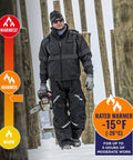 Man in Tough As Nails Heavy Duty Insulated Bib Overalls For Winter Workwear With 3M Thinsulate, holding a chainsaw, snow background