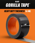 Heavy Duty Black Duct Tape 1.88 Inch By 35 Yard Pack Of 2, showing roll thickness and size on orange background, weather resistant.