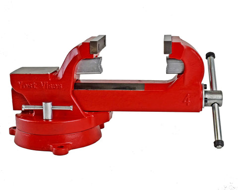 Heavy Duty 4 Inch Bench Vise Built Tough With 130,000 PSI Austempered Ductile Iron, 360 Degree Interlocking Swivel Base, Red
