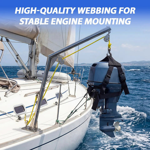 Outboard Motor Hoist Harness Set For 2-30 HP Engines Beefy Lift Straps With Durable Polyester Webbing on boat