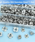 Heavy Duty T Nuts 304 Stainless Steel Assortment 160 Piece Kit with various sizes visible in a clear storage box.