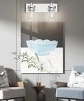 Two Light Chrome Vanity Light Fixture With Clear Glass Shades Stainless Steel Bathroom Wall Sconce above artwork