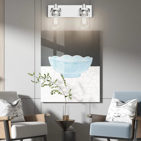 Two Light Chrome Vanity Light Fixture With Clear Glass Shades Stainless Steel Bathroom Wall Sconce above artwork