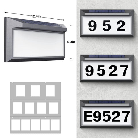 Solar Powered Address Sign With Bright LED House Numbers, Outdoor Waterproof Plaque Gray with dimensions and display options