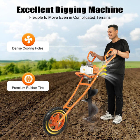 Person using Beefy 2.2kW Gas Powered Post Hole Digger With 63cc 2-Stroke Engine in a field, highlighting cooling holes and rubber tire.