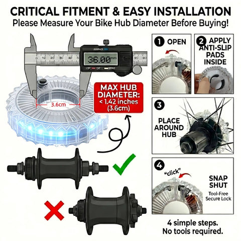 Rechargeable Bike Wheel Lights With Nine Colors And Twenty-One Modes installation guide showing fitment and hub size