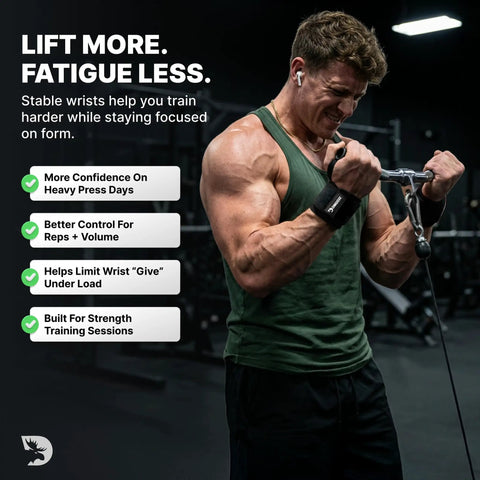 Man lifting weights wearing Wrist Wraps For Weightlifting With Thumb Loops Heavy Duty Wrist Support Straps For Powerlifting And Crossfit.