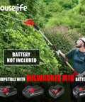 Person using 20 Inch Cordless Pole Hedge Trimmer With 14.5 Ft Reach, 150 Degree Adjustable Head, cutting tall hedges.