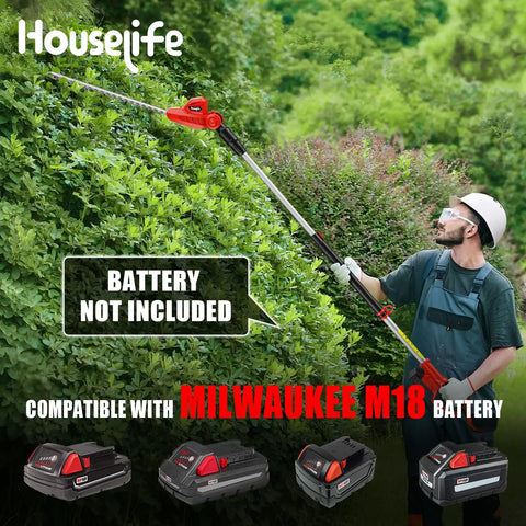 Person using 20 Inch Cordless Pole Hedge Trimmer With 14.5 Ft Reach, 150 Degree Adjustable Head, cutting tall hedges.