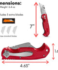 Retractable Utility Knife Set With Heavy Duty Razor Blade And 3 Extra Blades Refills, Built For Cardboard, Packages, Warehouse, Office, And Construction Jobs, Ergonomic Red Cutter For Quick, Clean Cuts, A Real Workhorse. 7 inch metal knife with 3 blades