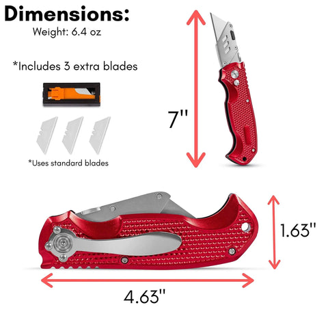 Retractable Utility Knife Set With Heavy Duty Razor Blade And 3 Extra Blades Refills, Built For Cardboard, Packages, Warehouse, Office, And Construction Jobs, Ergonomic Red Cutter For Quick, Clean Cuts, A Real Workhorse. 7 inch metal knife with 3 blades