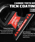 Close-up of EZARC Obsidian carbide oscillating saw blade with TICN coating and red label