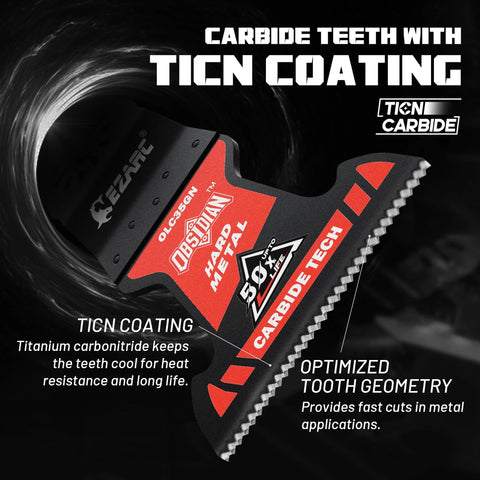 Close-up of EZARC Obsidian carbide oscillating saw blade with TICN coating and red label