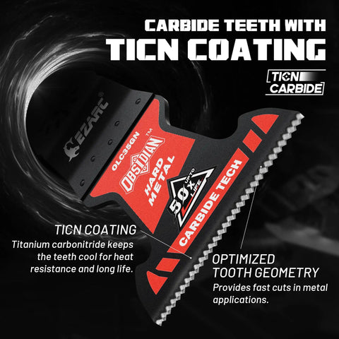 Pro Level Carbide Oscillating Multi Tool Blades With TiCN Coating displayed showing carbide teeth and optimized tooth geometry.