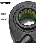 Close-up of Four In One Reversible Ratcheting Box Wrench Set's socket showing two distinct sizes in one forged steel design.