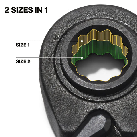 Close-up of Four In One Reversible Ratcheting Box Wrench Set's socket showing two distinct sizes in one forged steel design.