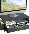 Monitor Stand Riser With Drawer And Pen Holders, Desk Organizer For Office Use, Black, with computer monitor displayed on top