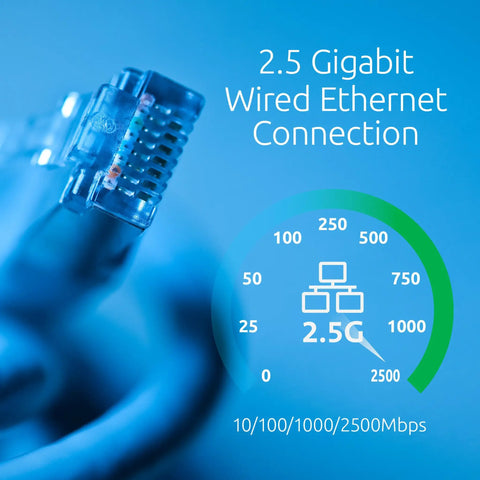 Close-up of a 2.5 Gigabit wired ethernet connection with speed indicators, highlighting fast data transfer capability.