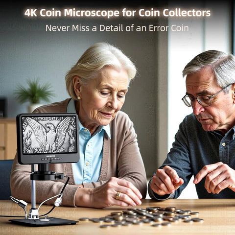 4K 30FPS HDMI Digital Microscope With 10.1 Inch Screen For Soldering And Coin Viewing 1500X Magnification 3840P UHD Video Audio 56 LED Ring Light Full Coin View PC View 64GB on coin table