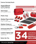 OSHA Compliant Pro Grade Electrical Lockout Tagout Kit With 34 Devices All In One Bundle Includes Hasps Clamp On And Universal Circuit Breaker Lockouts Tags Plug Lock Loto Locks Set Red Carrying Bag